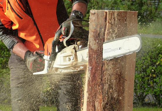 Photo of someone sawing a log in half with a chainsaw